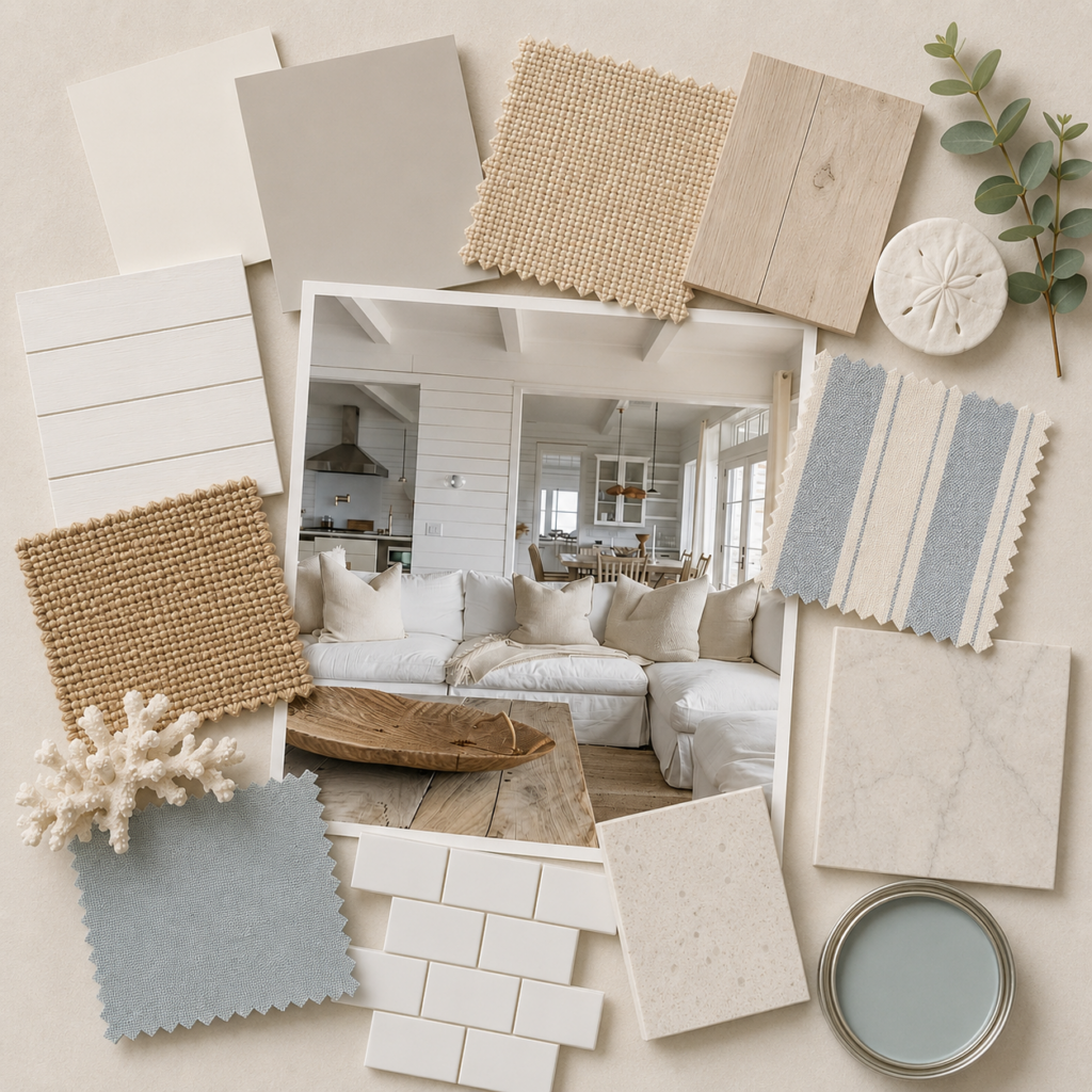 posttitle | sitetitle Mood board for interior design fabric swatches tiles wood samples surrounding a photo of a white sectional in an open plan living room and kitchen