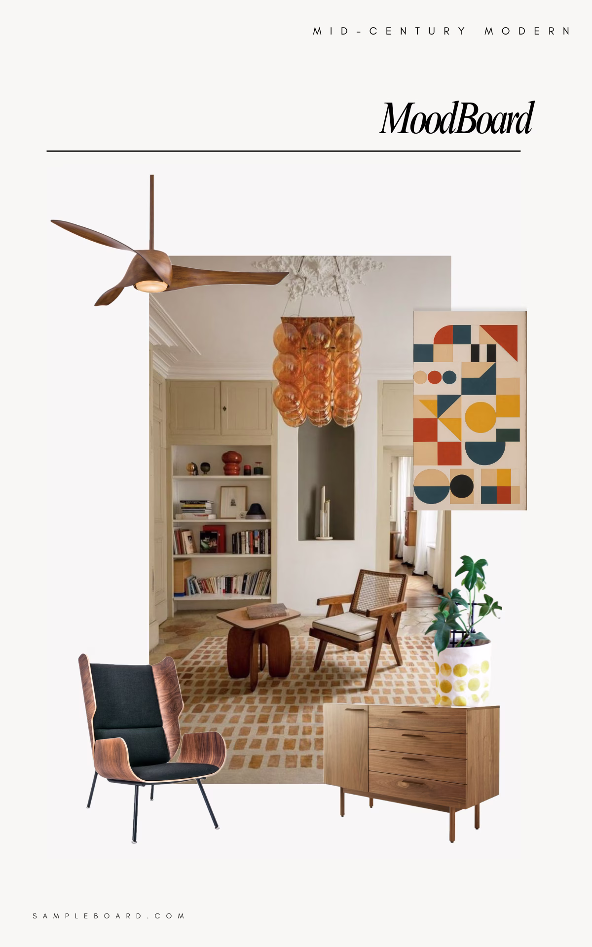 Mid century modern interior design moodboard