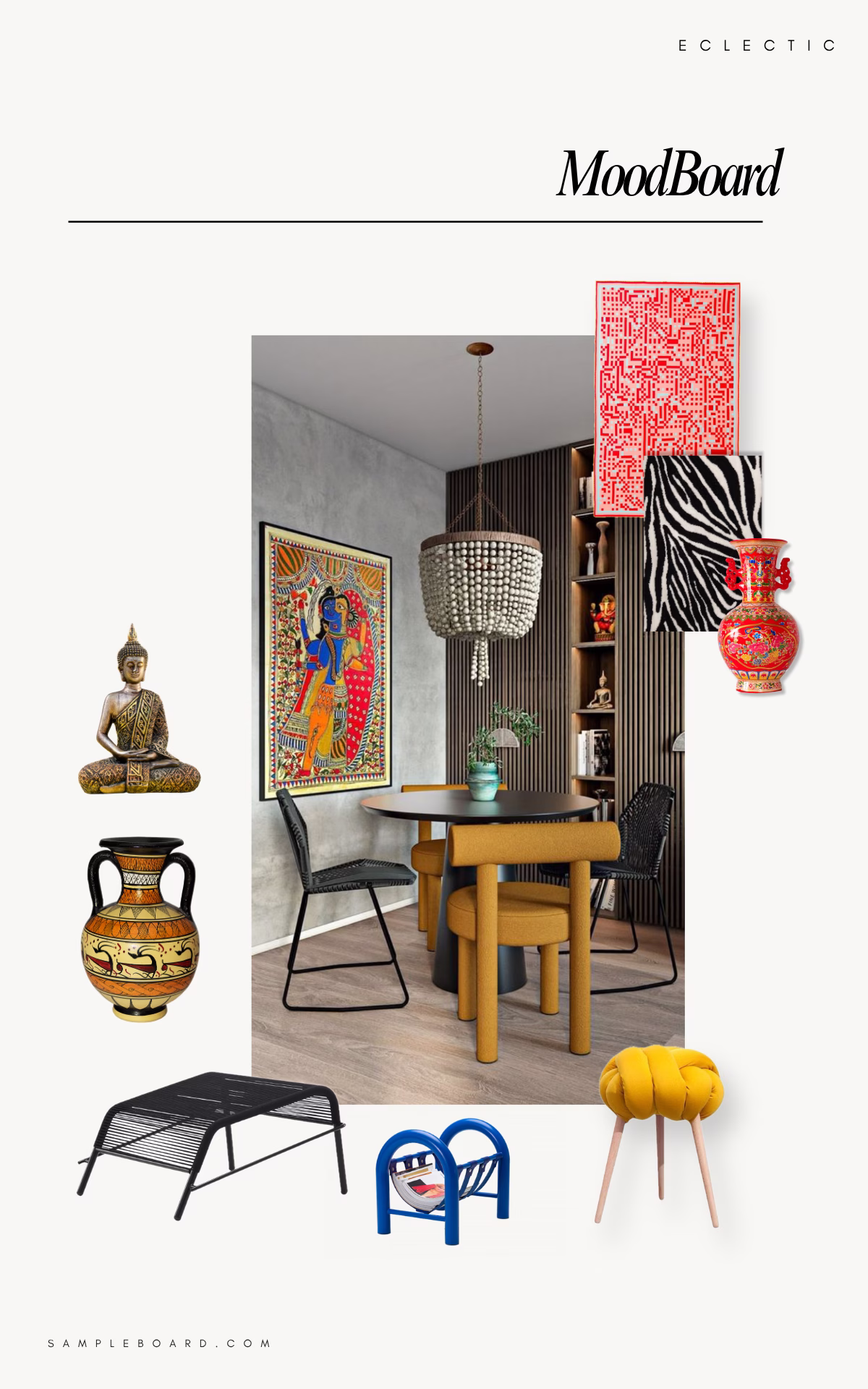 Eclectic interior design moodboard