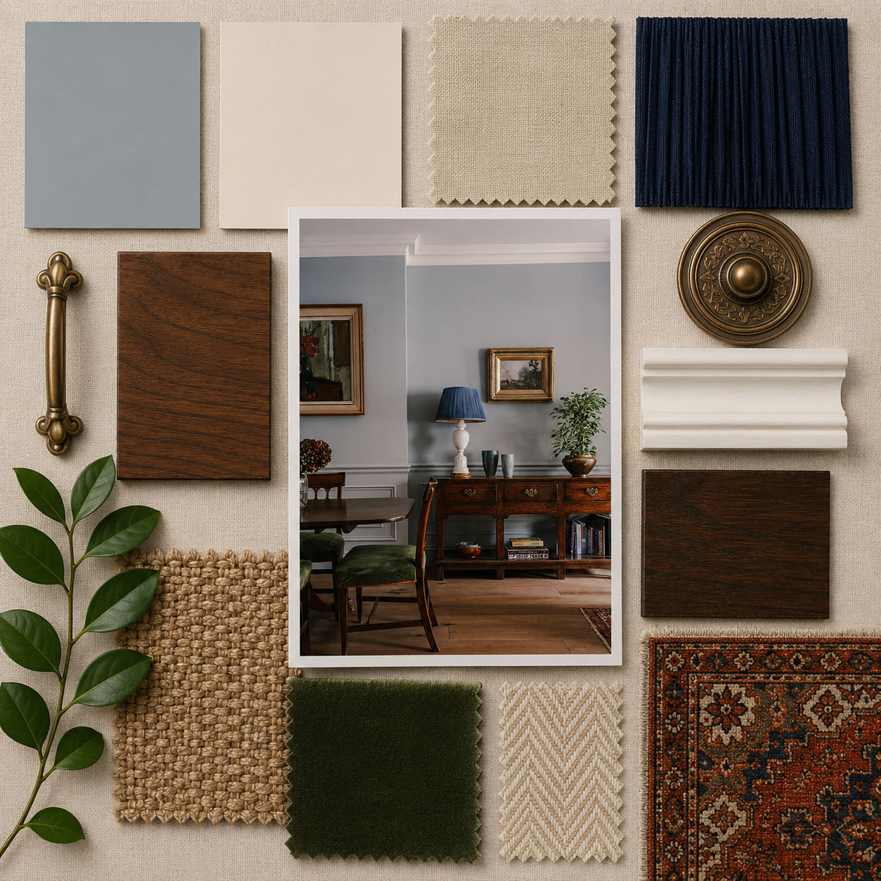 Moodboard of interior design samples fabrics wood carpet surrounding a central framed room photo