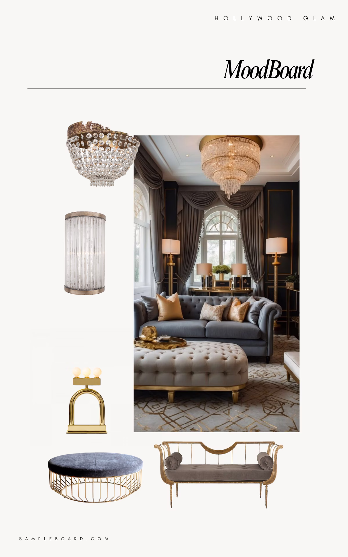 Hollywood glam interior design moodboard