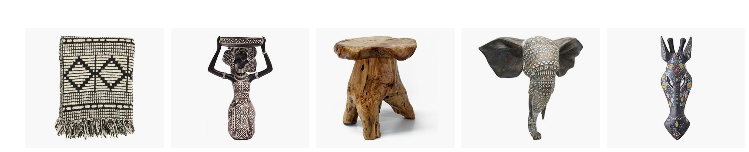 Curated objects from the SampleBoard Amazon shop — woven throw, figurine, live-edge stool, elephant sculpture, and painted mask
