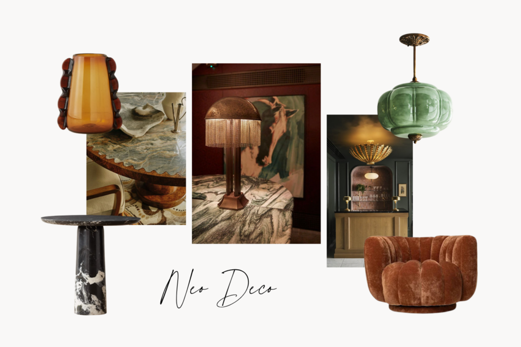 Collage of vintage lighting and furniture in warm tones with a marble table orange lamp fringe lamp green glass pendant and a velvet orange chair labeled'Neo Deco'.