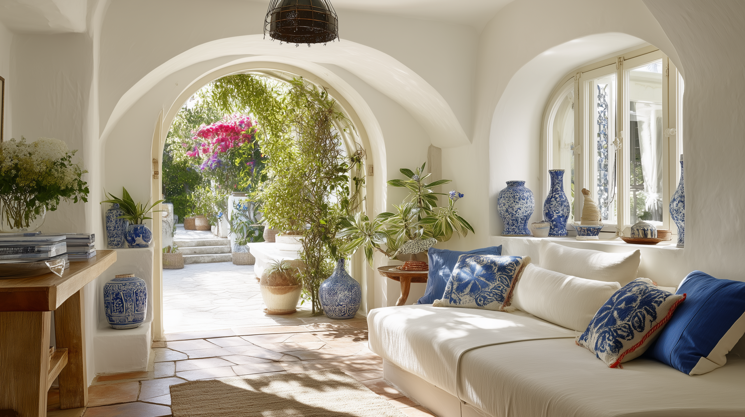Mediterranean interior design with whitewashed plaster arched doorway terracotta tile floor and cobalt embroidered cushions  sampleboard