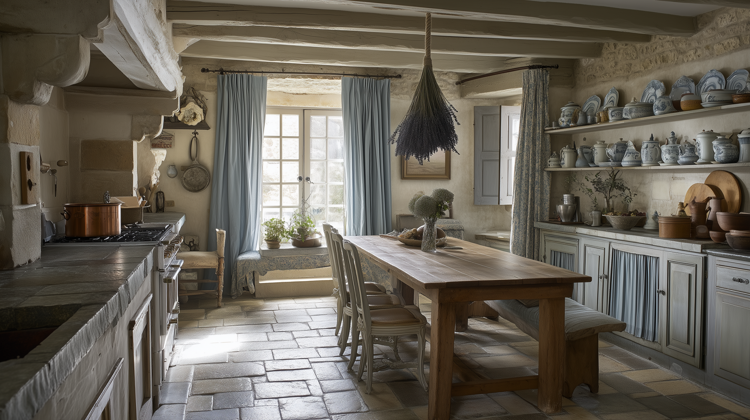 French country interior design with limestone floor tiles scrubbed oak farmhouse table and hand painted faïence pottery  sampleboard