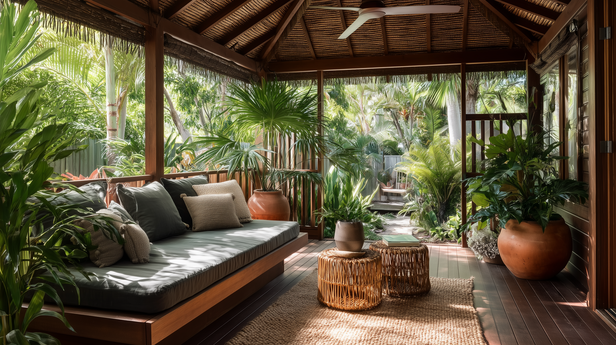 Tropical interior design with open sided teak pavilion large terracotta planters and tropical garden connection  sampleboard