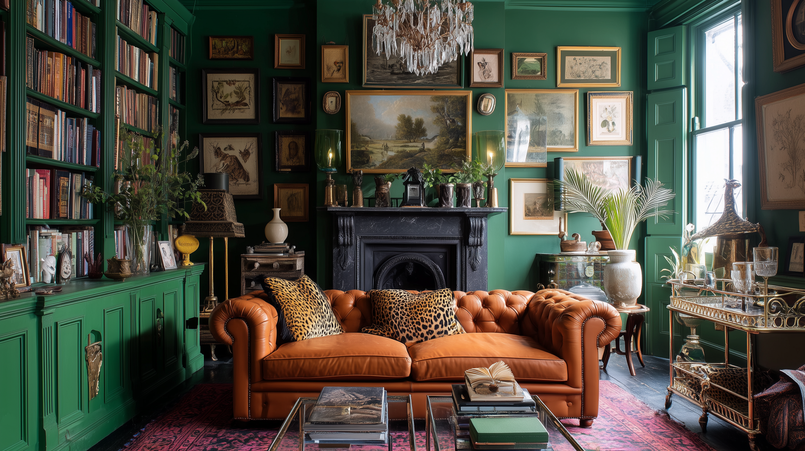 Maximalist interior design with forest green walls burnt orange velvet chesterfield and densely hung gallery of oil paintings  sampleboard