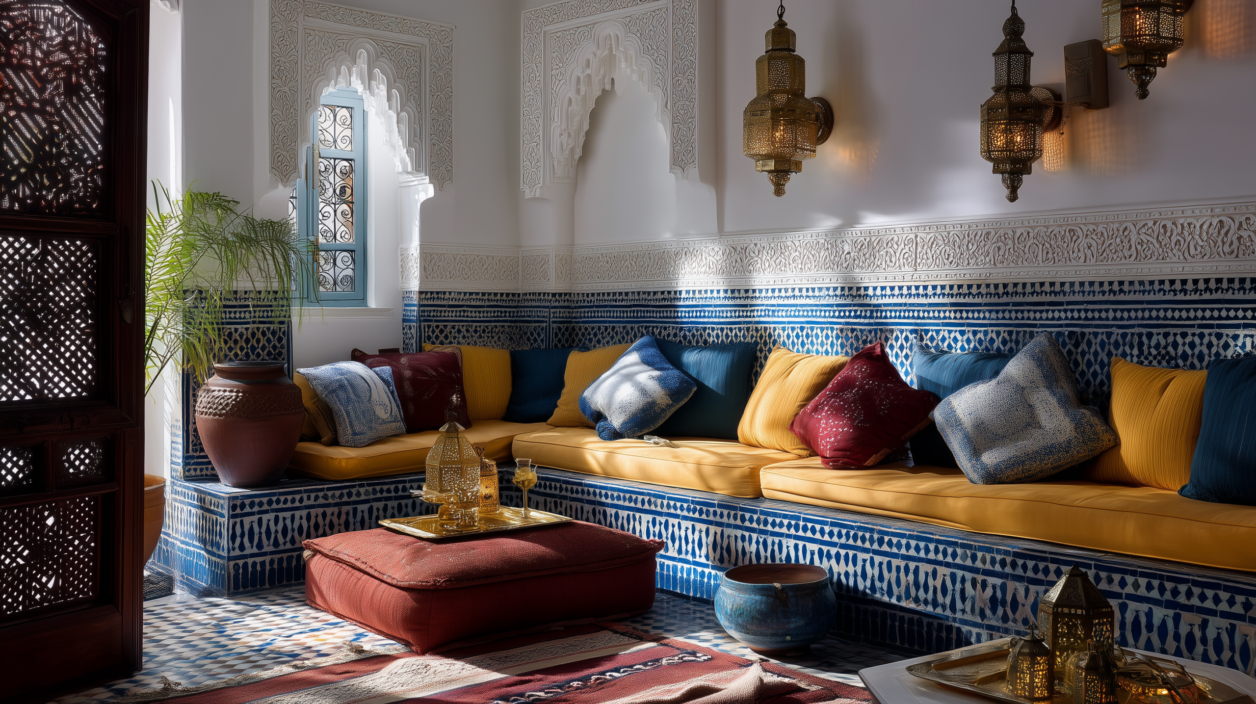 Moroccan interior design with hand cut cobalt zellige tile carved white plaster arabesque panels and hammered brass lanterns  sampleboard