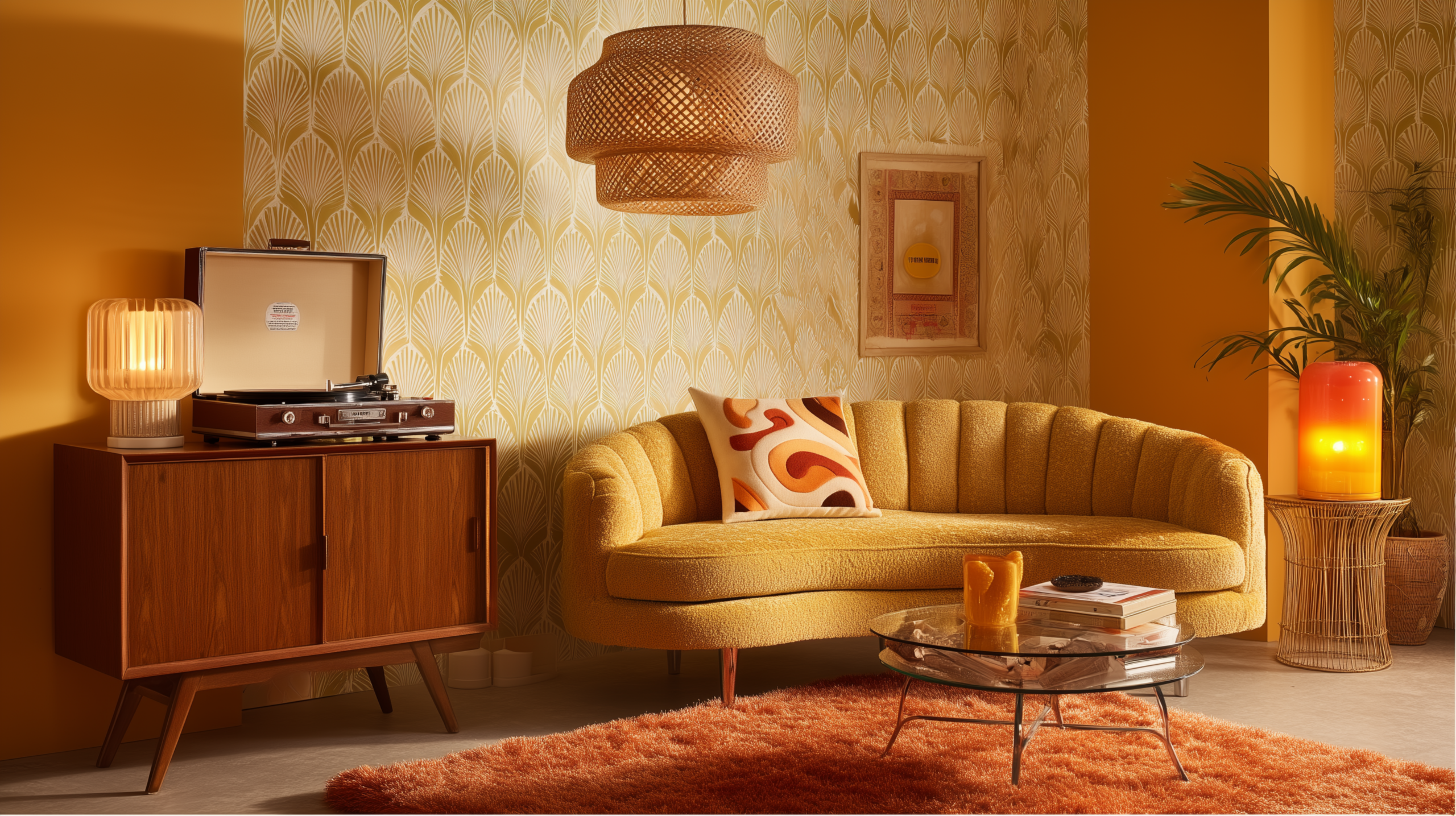 Retro 1970s interior design with harvest gold curved boucle sofa avocado green textured wallpaper and teak sideboard  sampleboard
