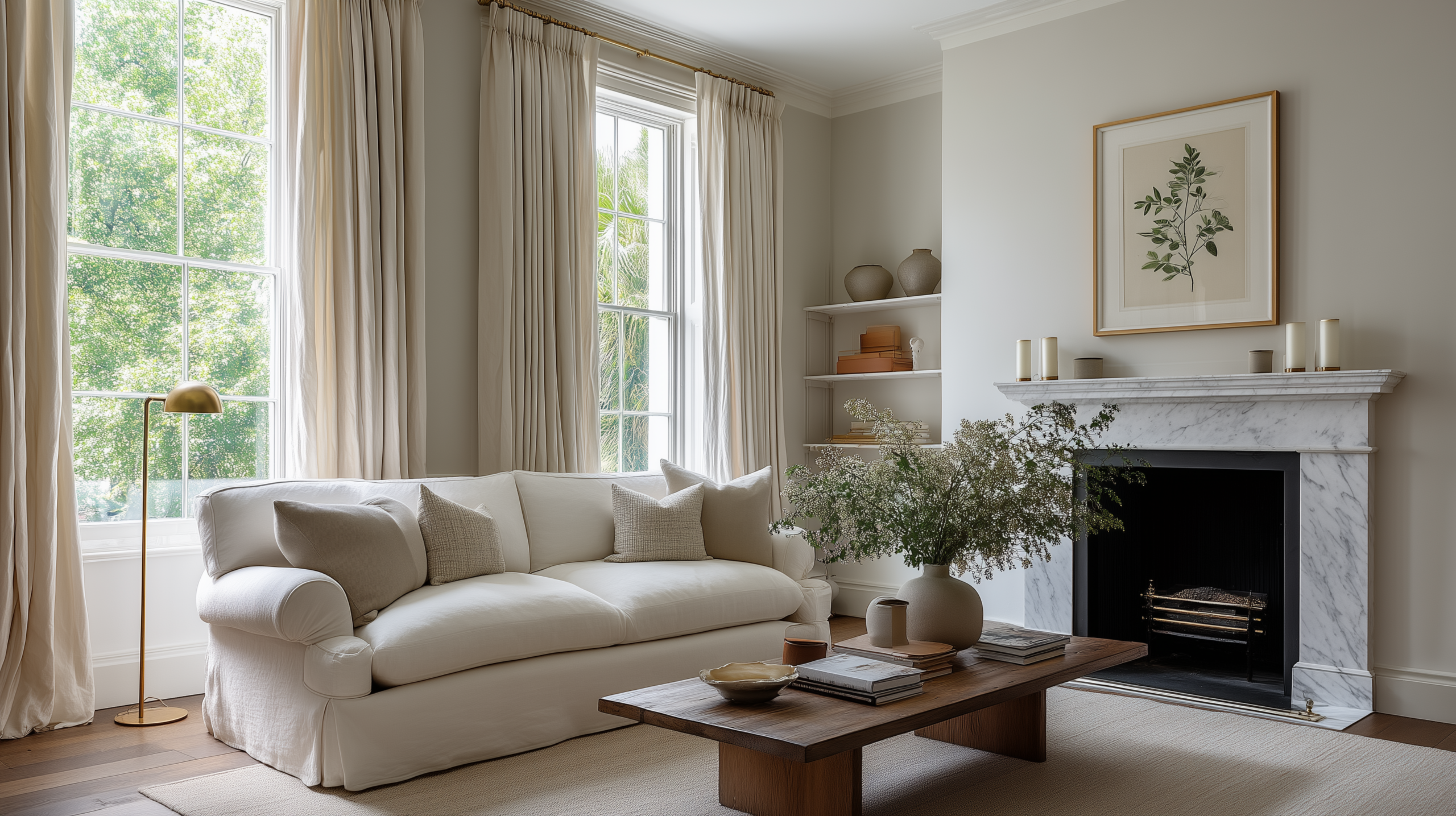 Transitional interior design with ivory linen rolled arm sofa honed marble fireplace and brushed brass floor lamp  sampleboard