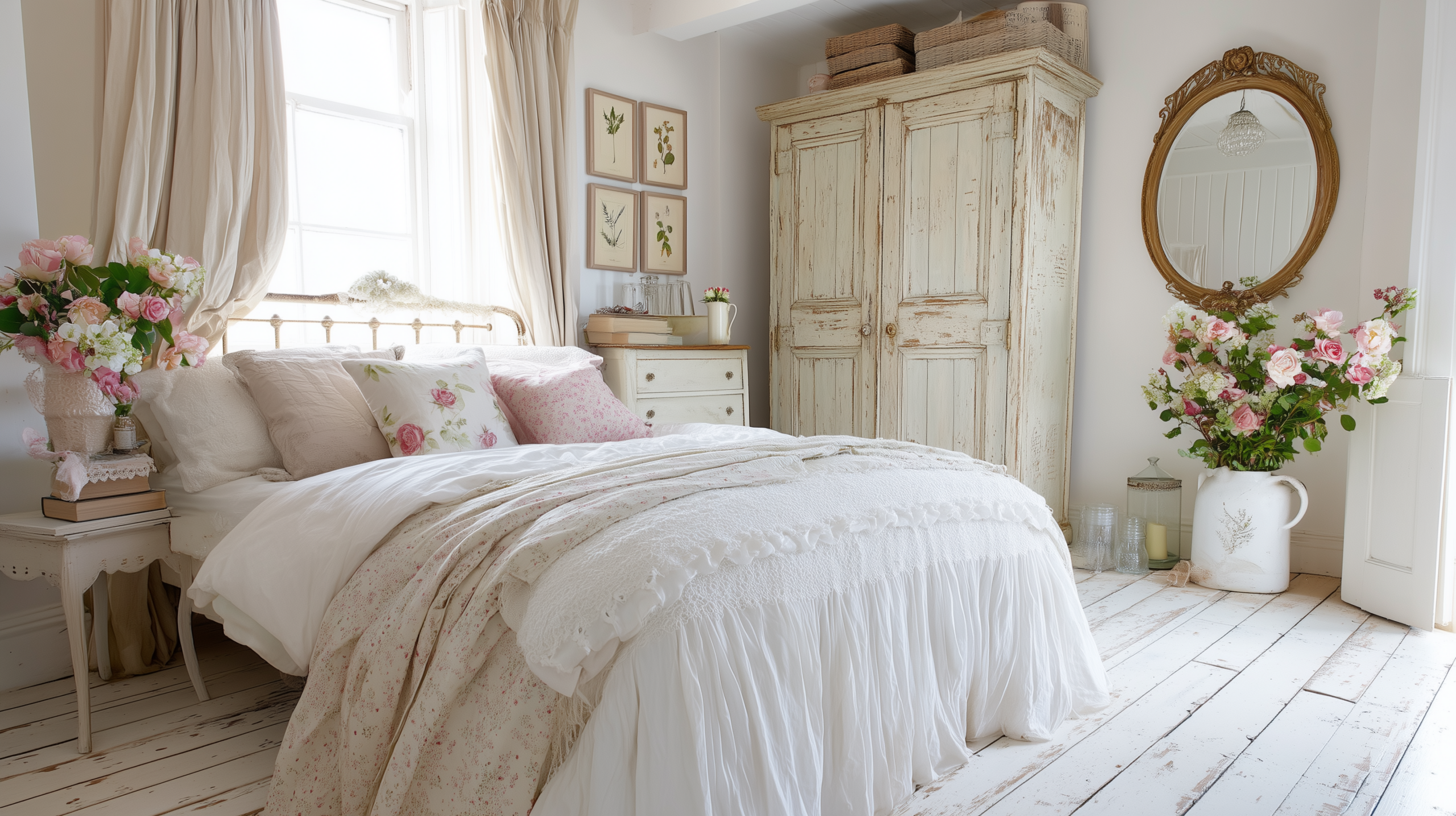Shabby chic interior design with cast iron bed distressed cream painted armoire and garden roses in a white ceramic jug  sampleboard