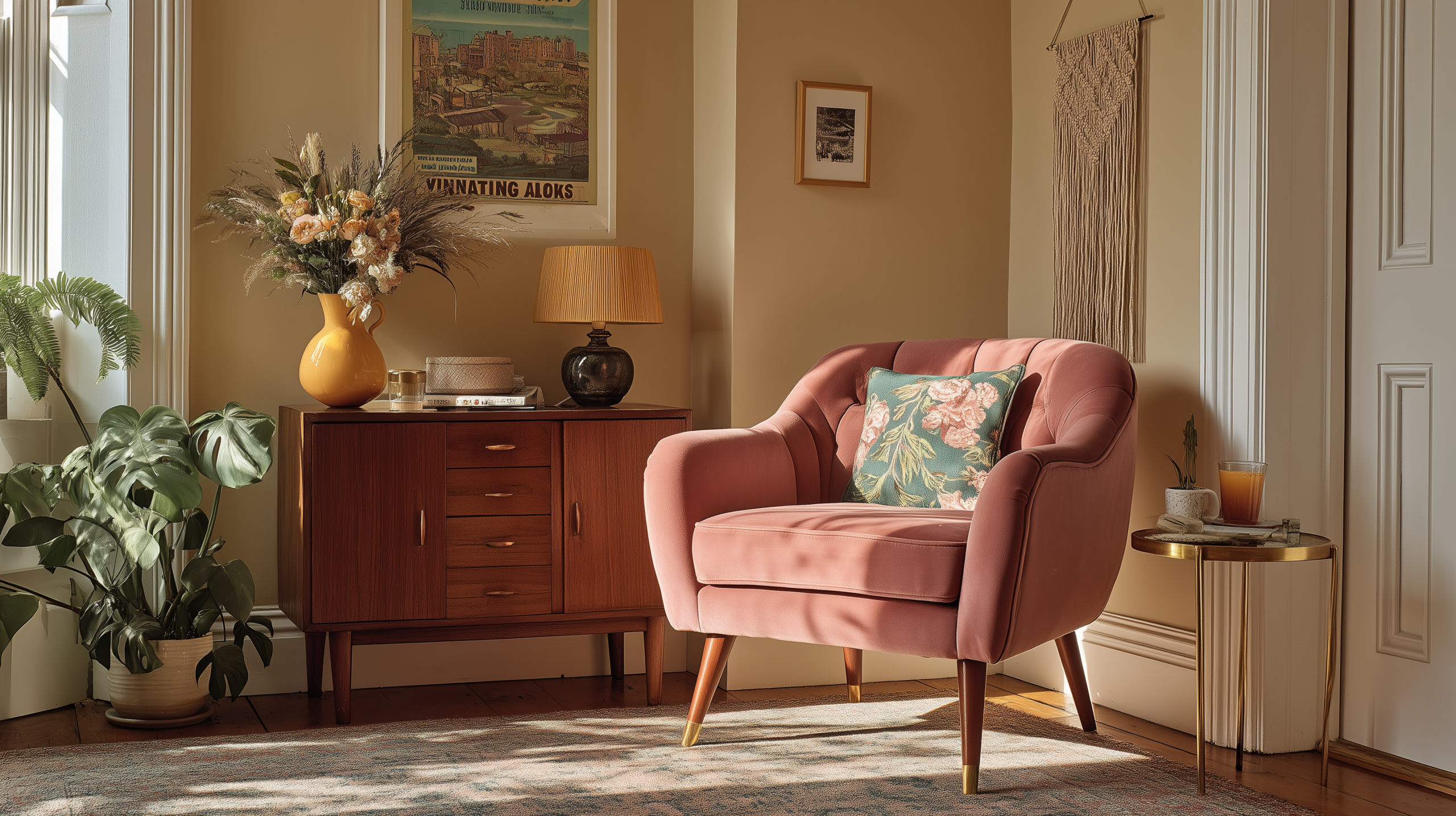 Vintage interior design with 1920s dusty rose velvet armchair 1950s teak sideboard and desaturated time worn palette  sampleboard