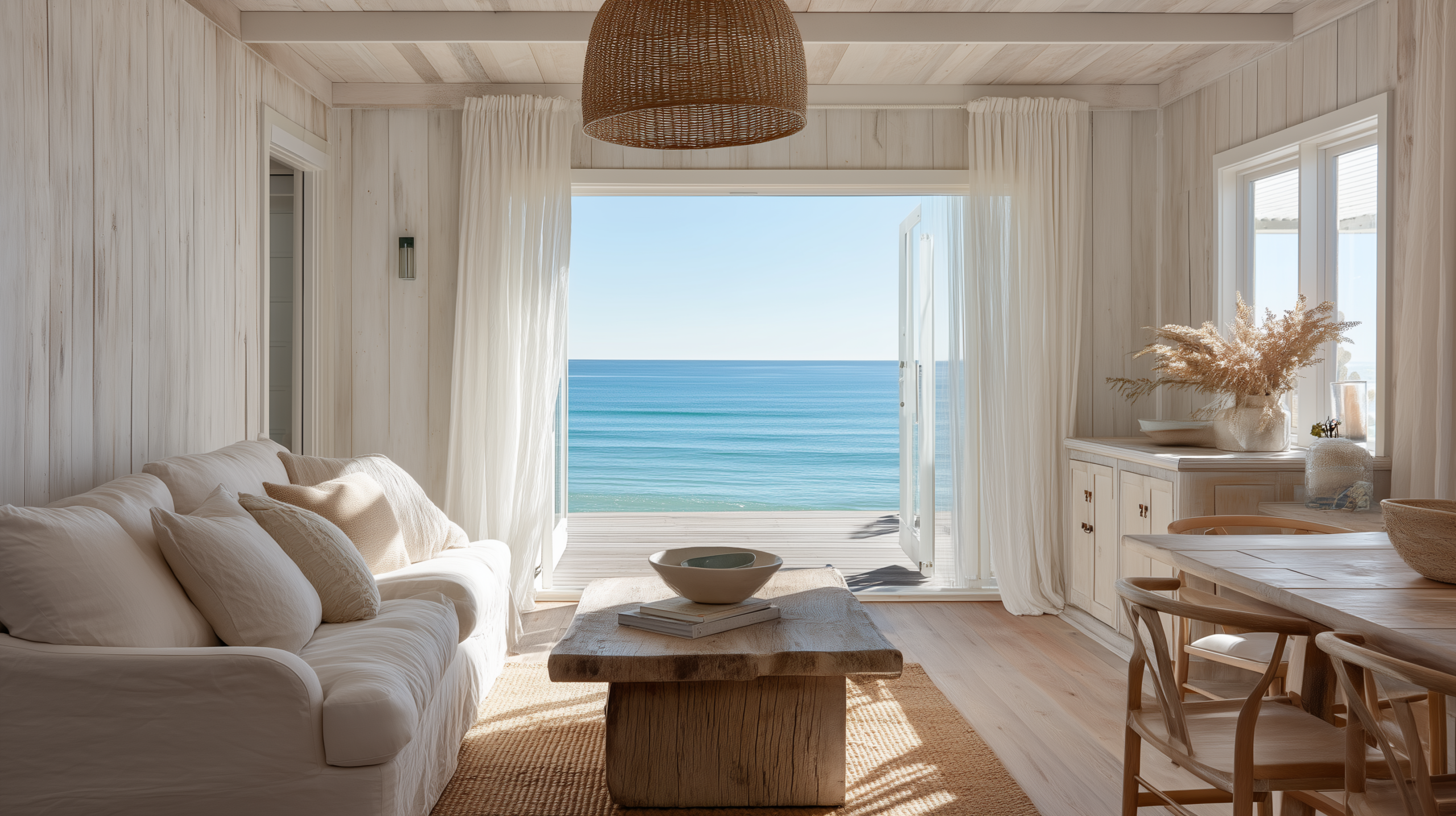 Coastal interior design with whitewashed timber clad walls linen slipcovered sofa driftwood coffee table and ocean view  sampleboard