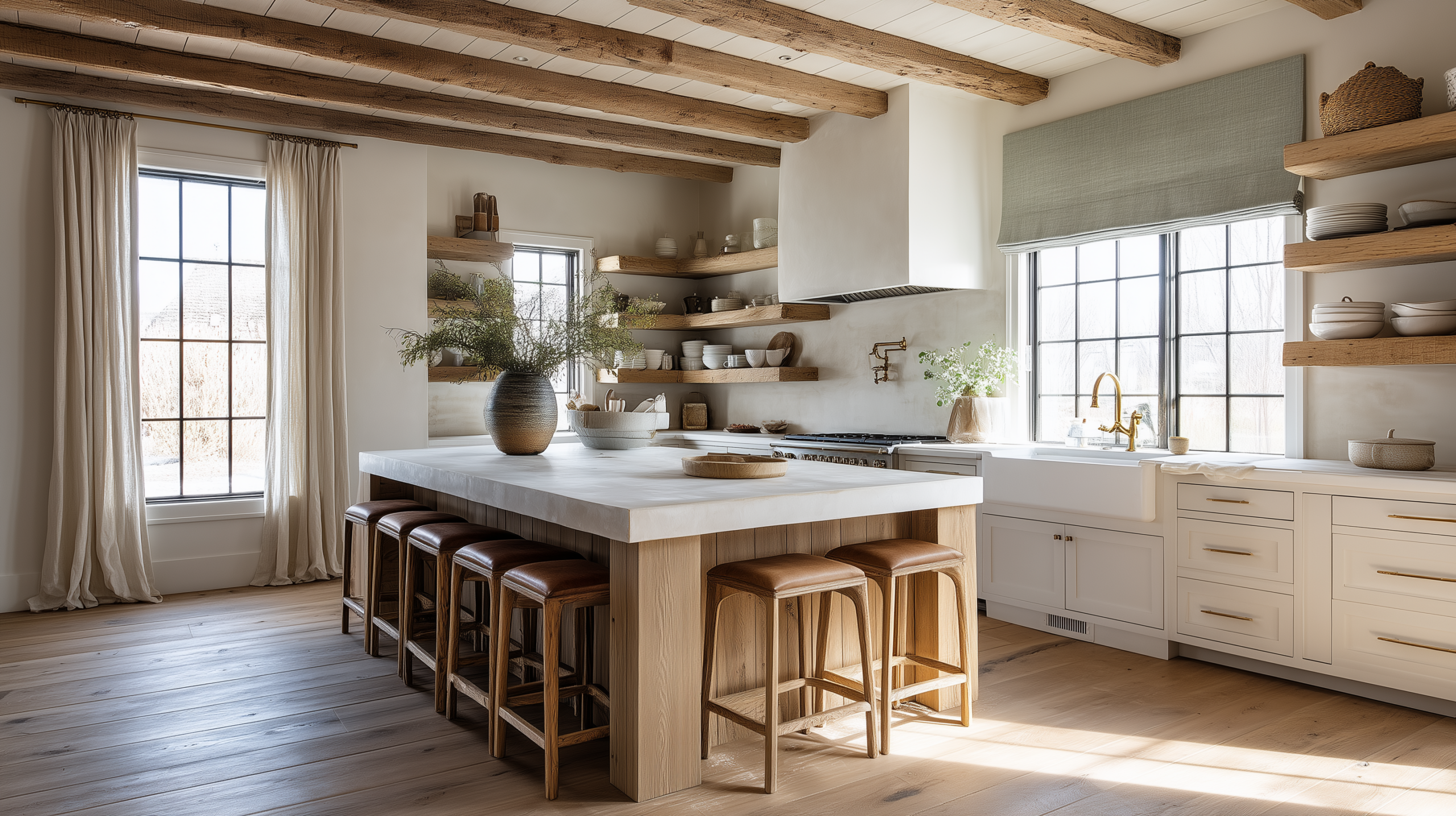 Modern farmhouse interior design with wide plank white oak floors shiplap walls leather bar stools and aged brass tapware  sampleboard