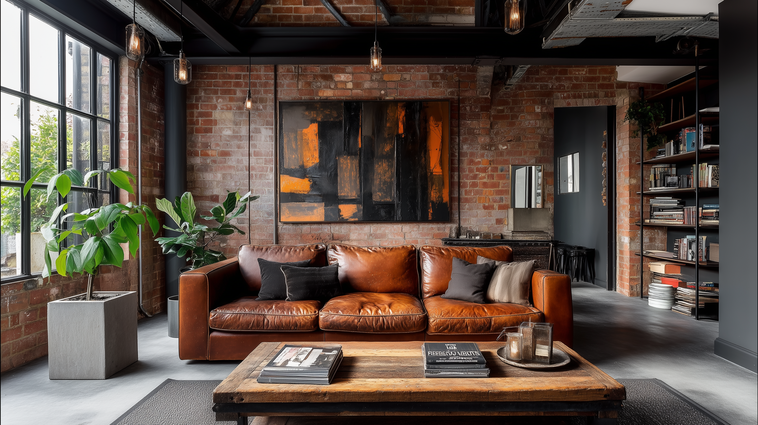 Industrial interior design with full height exposed brick wall polished concrete floor aged cognac leather sofa and edison bulb pendants  sampleboard