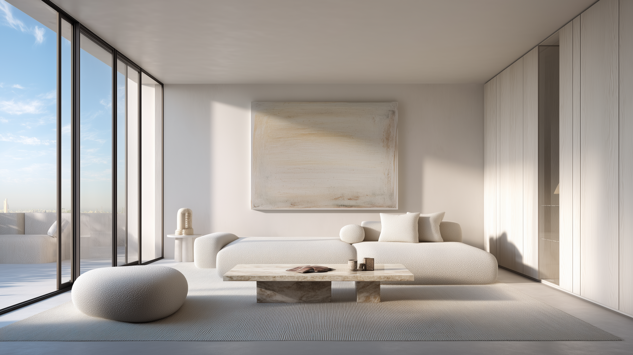 Minimalist interior design with honed travertine coffee table boucle sofa and floor to ceiling windows  sampleboard