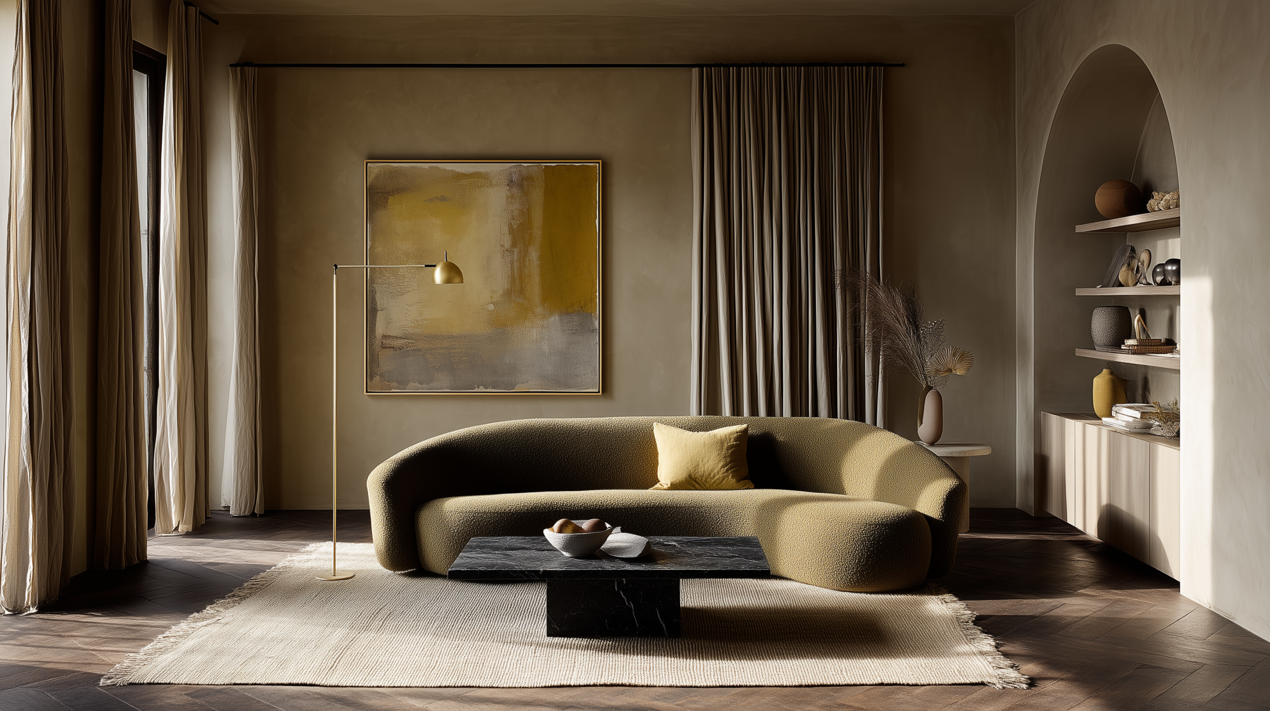 Contemporary interior design with deep sage boucle sculptural sofa honed black marble coffee table and large format abstract painting  sampleboard