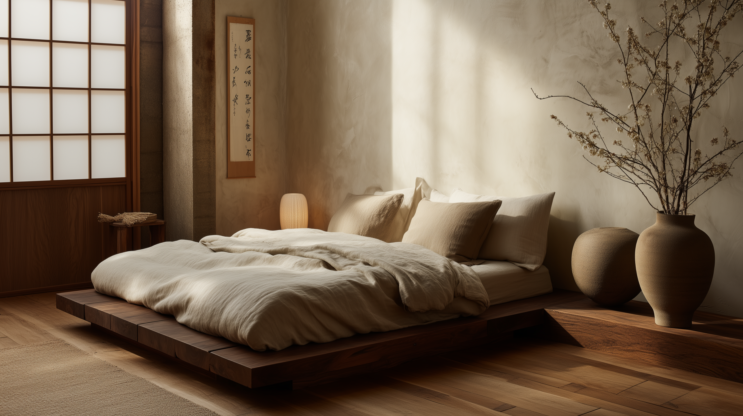 Japandi interior design with solid walnut platform bed undyed linen bedding and shoji panel lighting  sampleboard