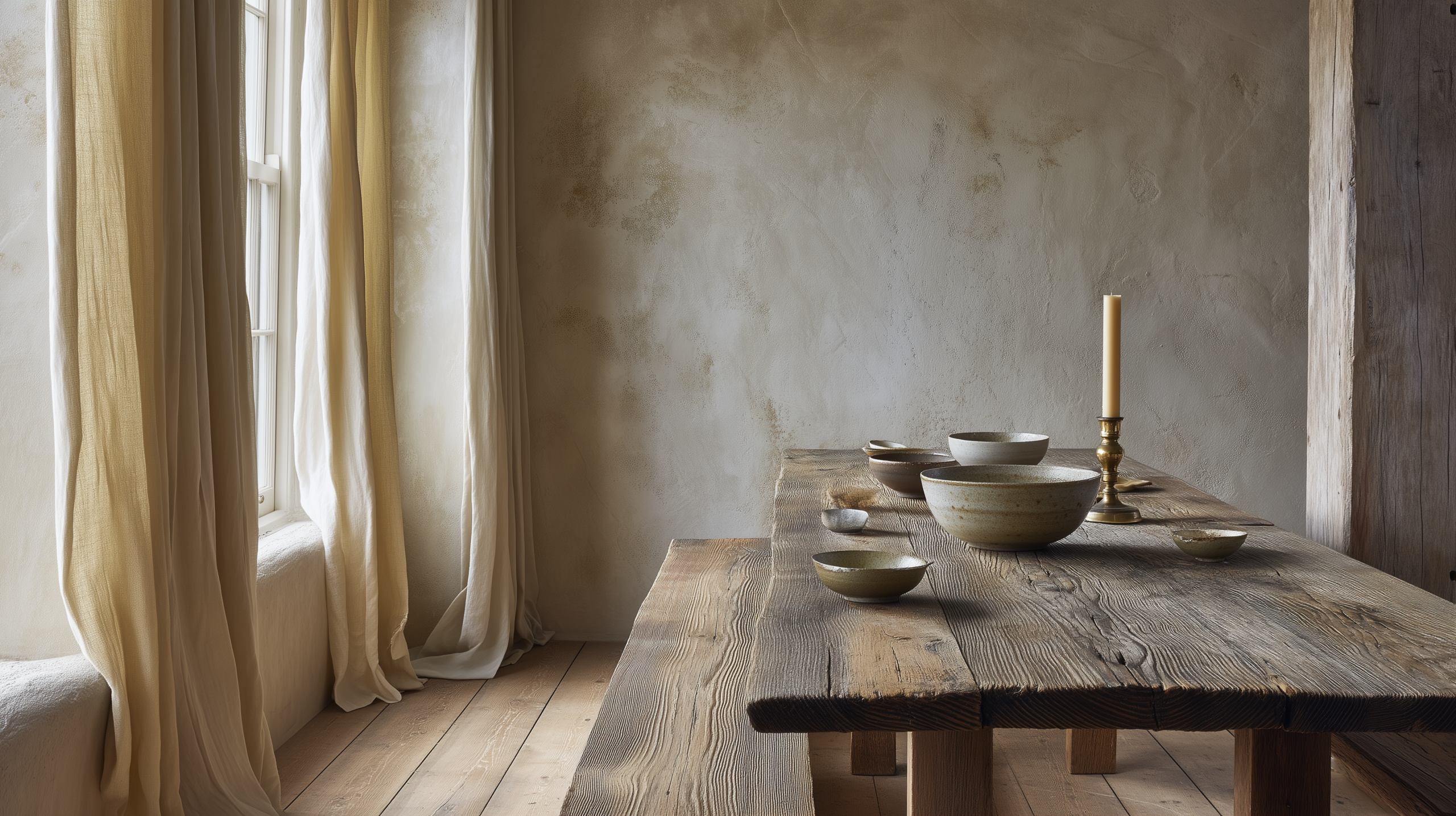 Wabi sabi interior design with reclaimed timber dining table hand thrown crackle glaze bowls and limewash plaster walls  sampleboard