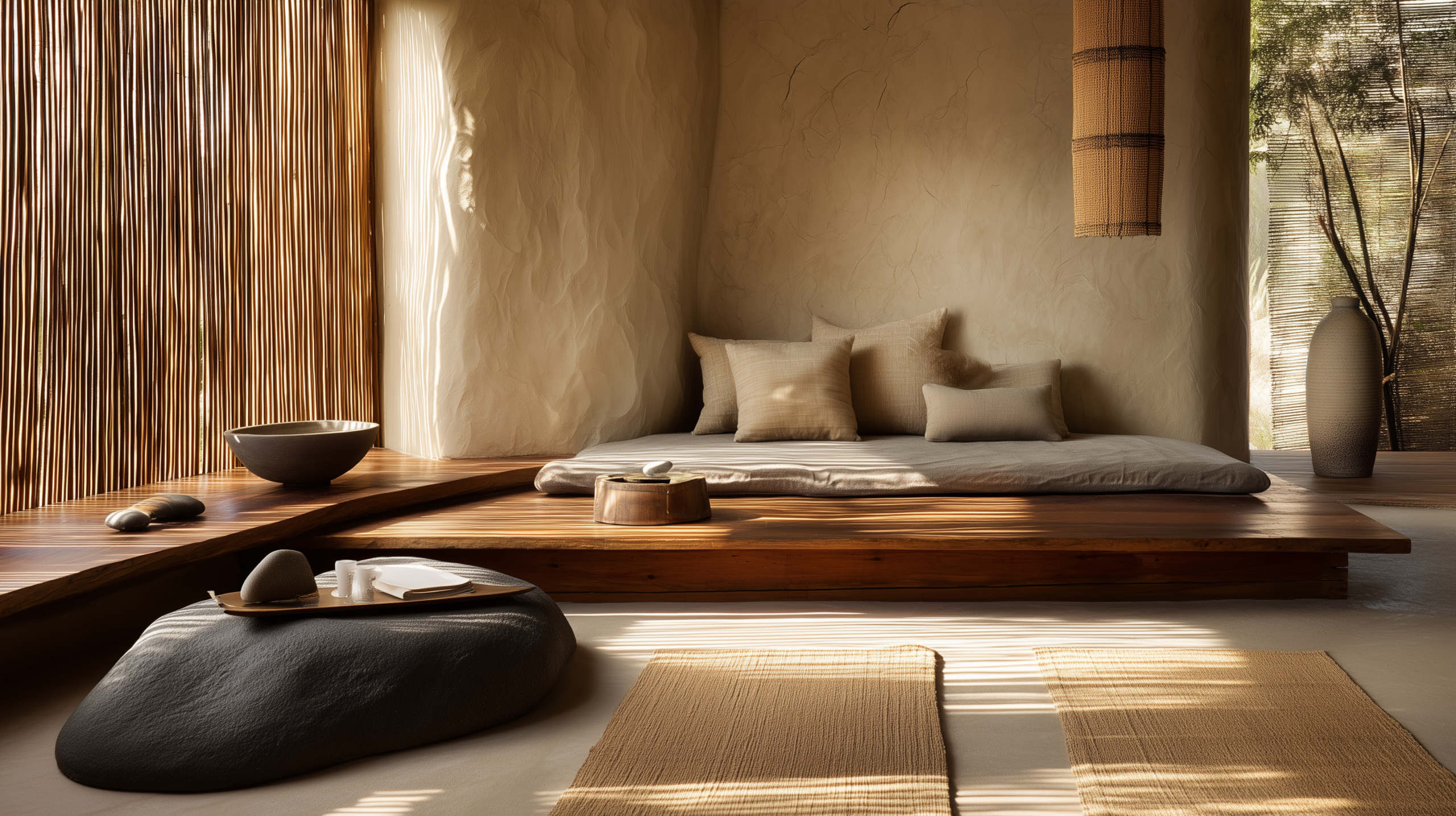 Asian zen interior design with bamboo slat screening low timber platform river stone and tatami matting  sampleboard