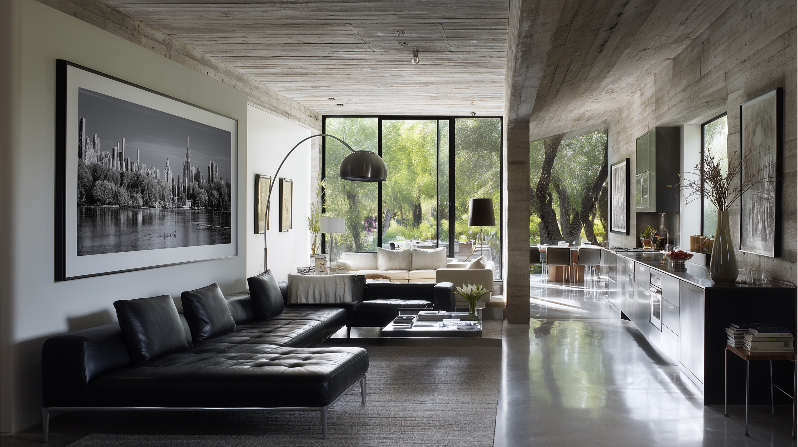 Modern interior design with board formed concrete ceiling black leather sofa and floor to ceiling architectural windows  sampleboard