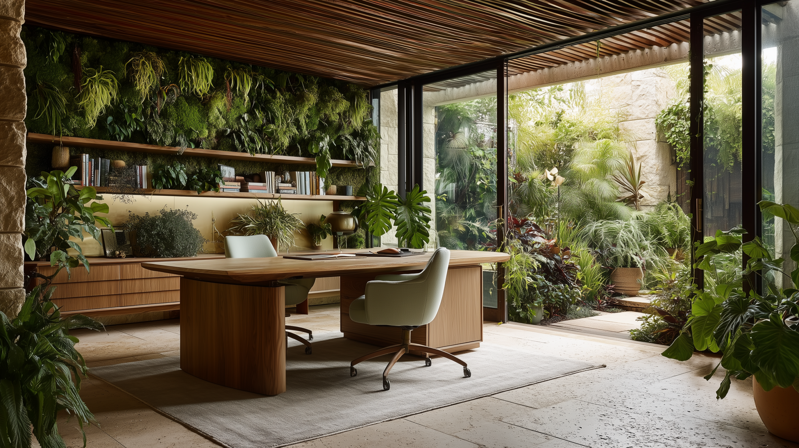 Biophilic interior design with full living moss wall solid timber desk and indoor outdoor courtyard connection  sampleboard