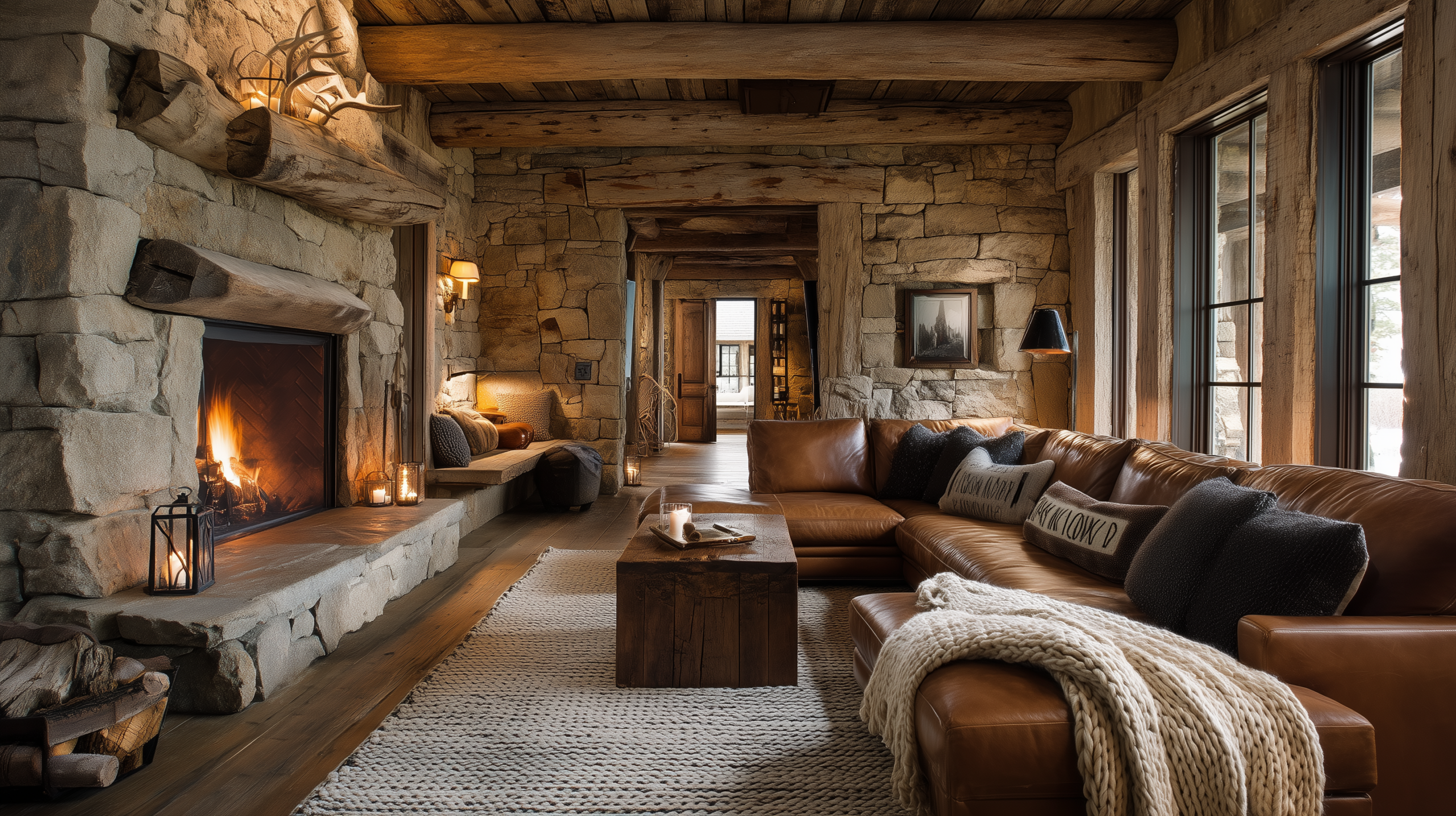 Rustic interior design with rough cut stone fireplace reclaimed timber ceiling beams and cognac leather sofa  sampleboard
