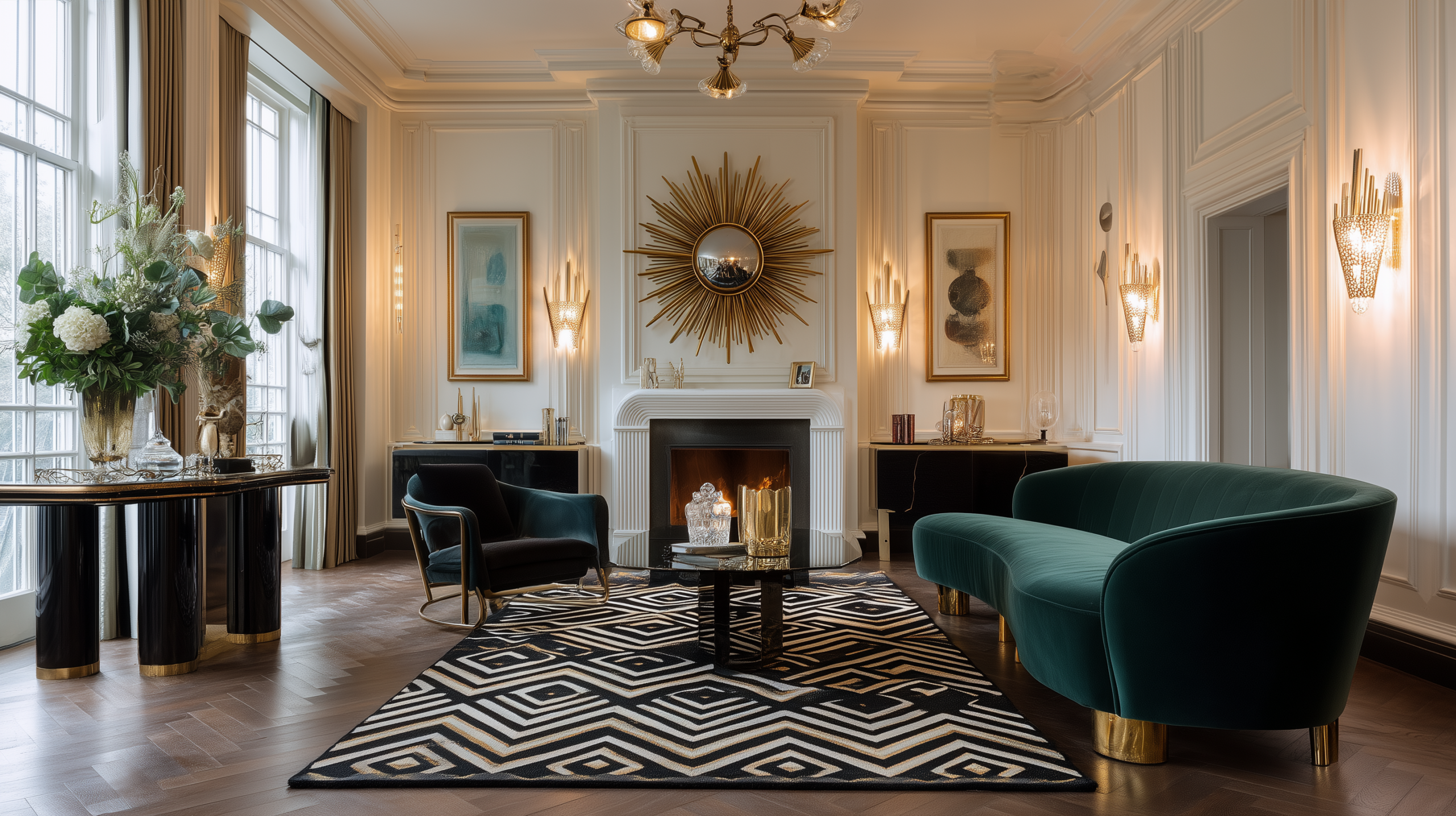 Art deco interior design with champagne ivory lacquered walls emerald velvet curved sofa and gilded brass sunburst mirror  sampleboard