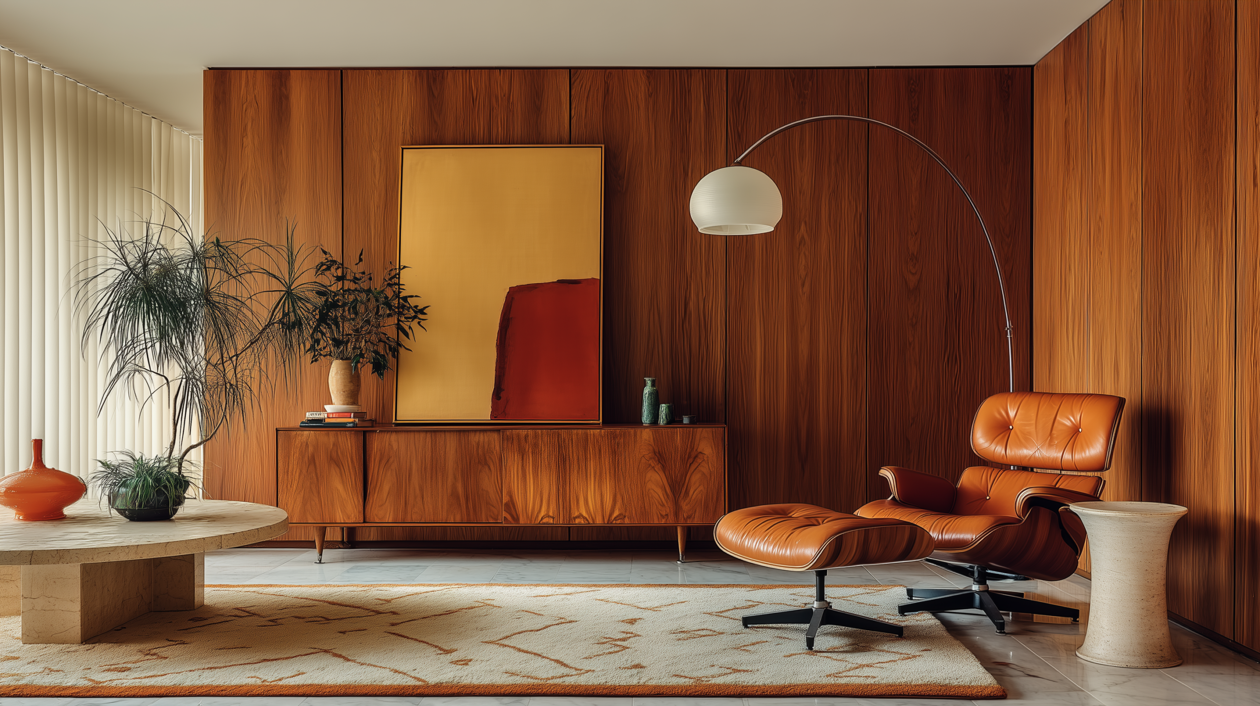Mid century modern interior design with teak credenza on splayed legs eames lounge chair and ottoman in cognac leather and arco floor lamp  sampleboard