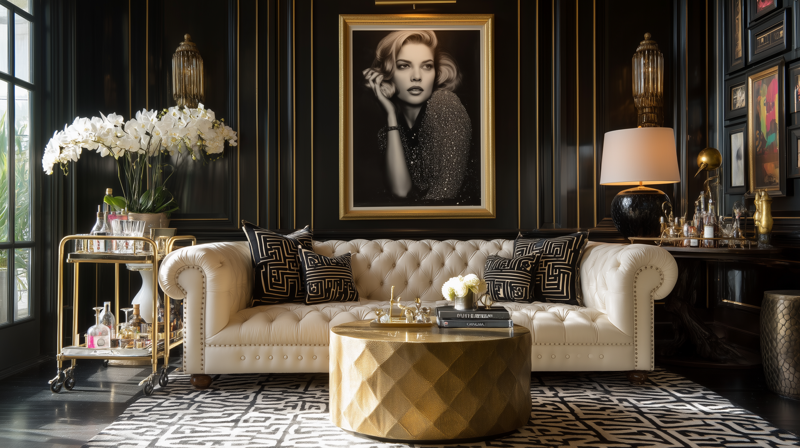 Hollywood glam interior design with cream tufted chesterfield sofa black lacquered panels and sculptural gold drum coffee table  sampleboard