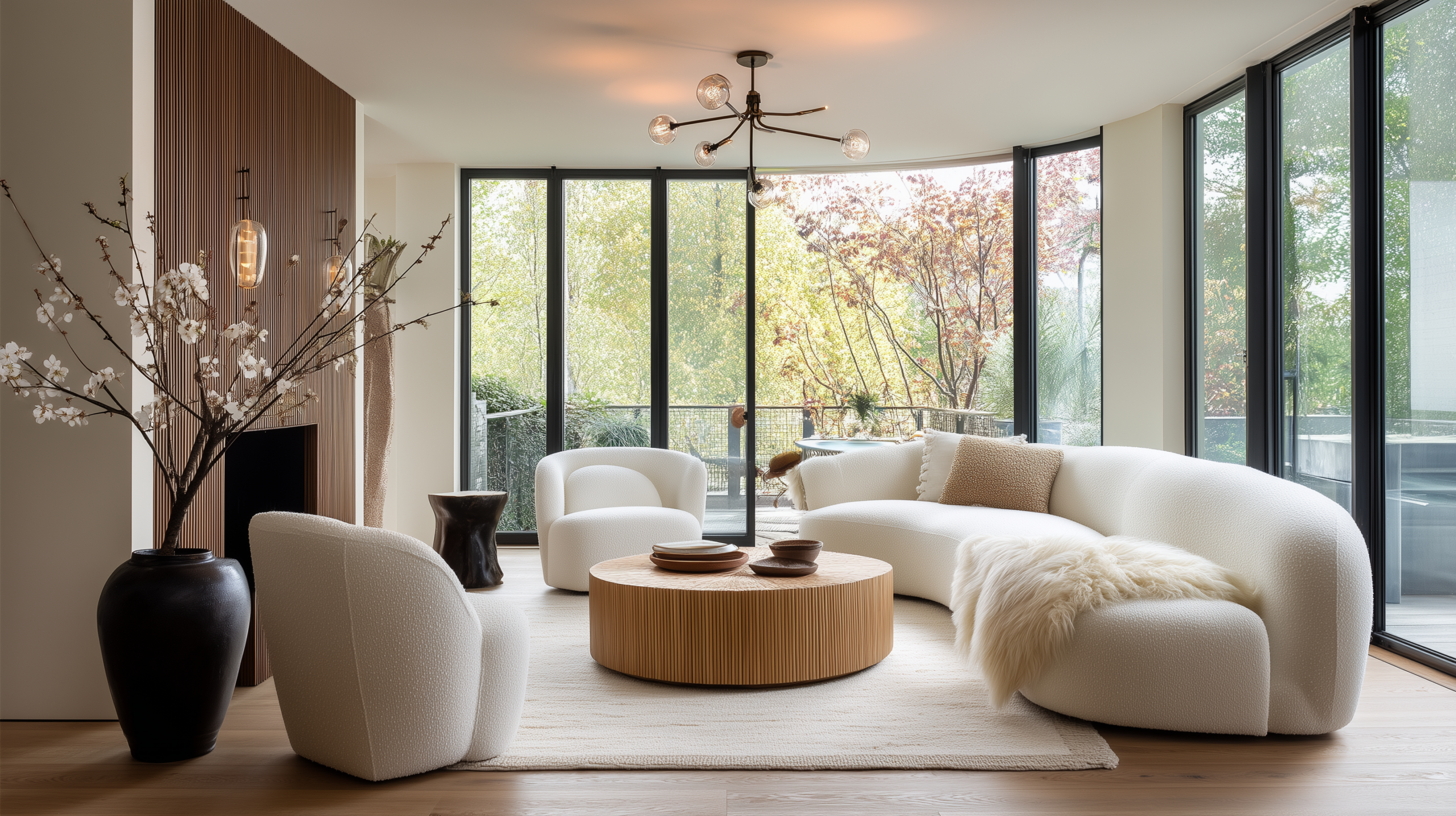 Organic modern interior design with curved ivory boucle sofa live edge walnut coffee table and pendant light  sampleboard