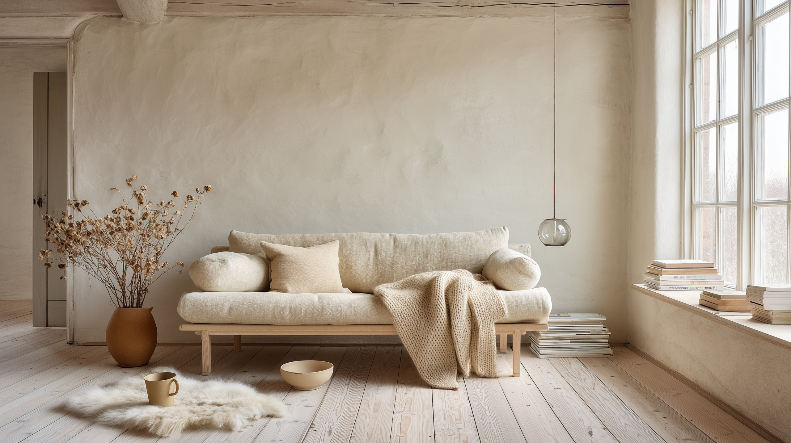 Scandinavian interior design with whitewashed pine floors linen sofa and sheepskin  sampleboard