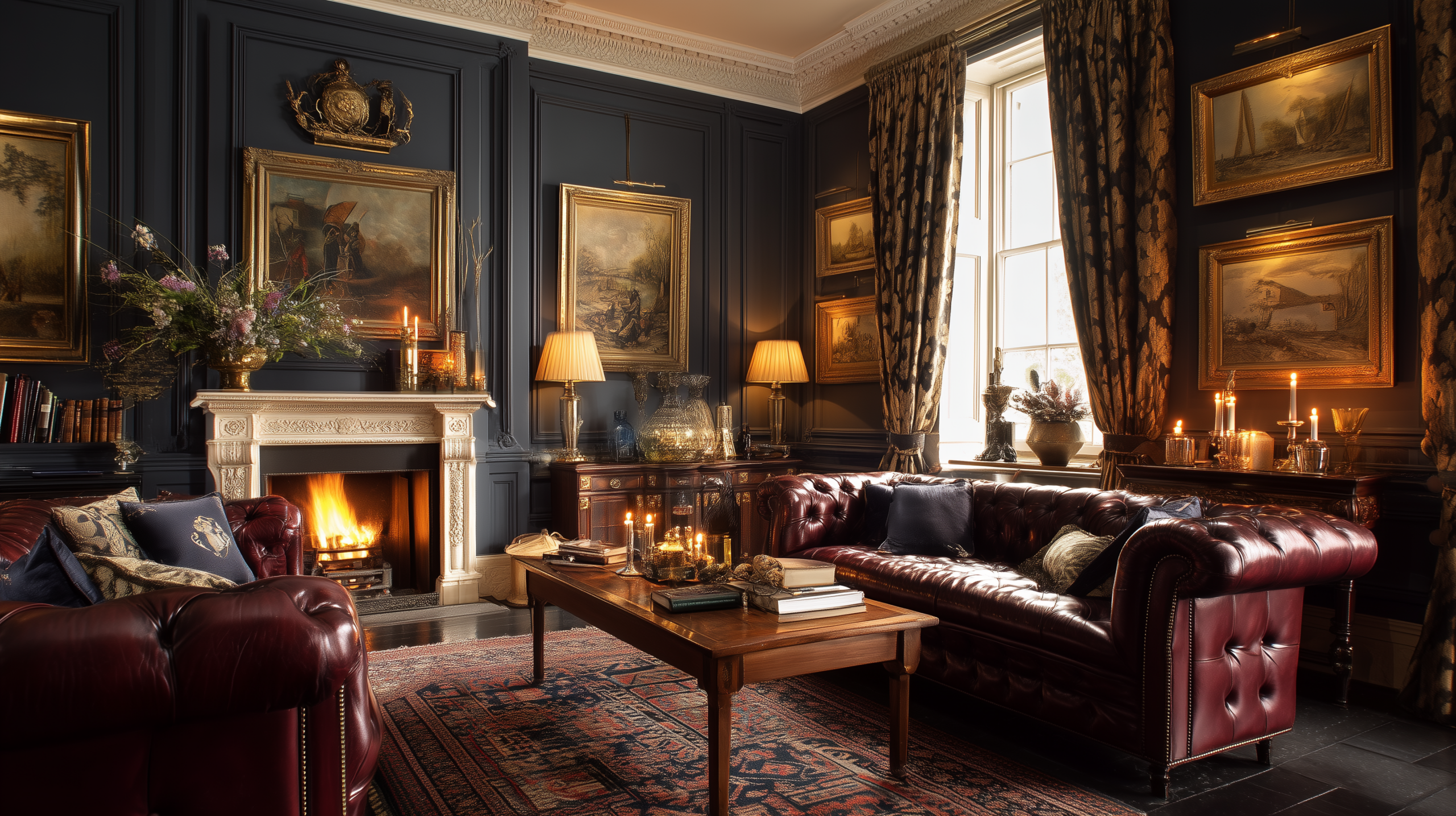 Traditional interior design with deep navy panelled walls paired claret velvet chesterfield sofas and marble fireplace  sampleboard