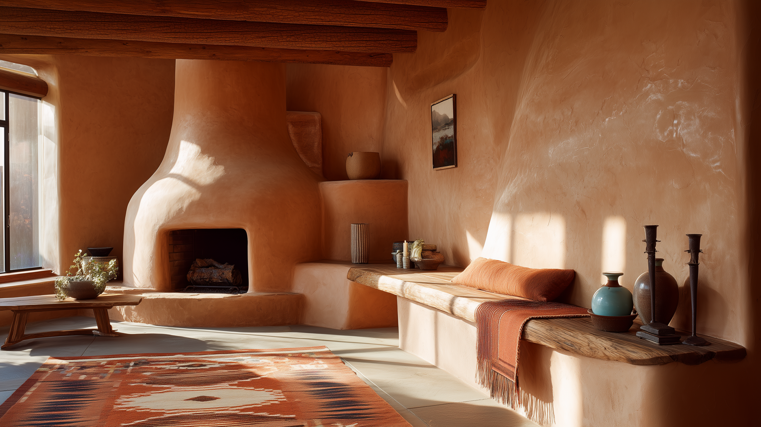 Southwestern interior design with adobe plaster walls kiva style corner fireplace hand woven navajo geometric rug and turquoise ceramics  sampleboard