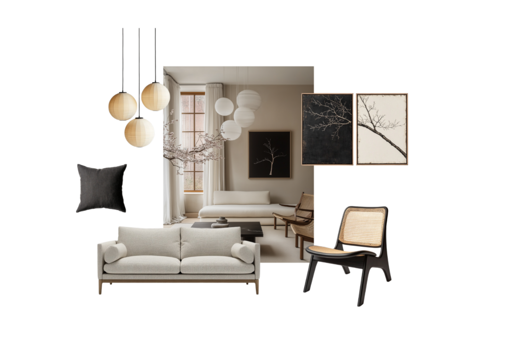 Collage of a neutral living room beige sofa wooden chair woven chair seating hanging paper lamps and framed nature art against a light backdrop