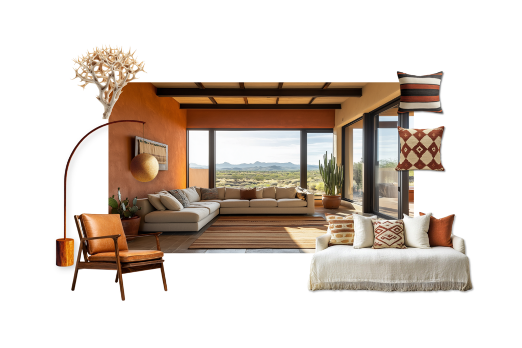 Desert inspired living room with a beige sectional rust walls and large windows showing a desert landscape outside