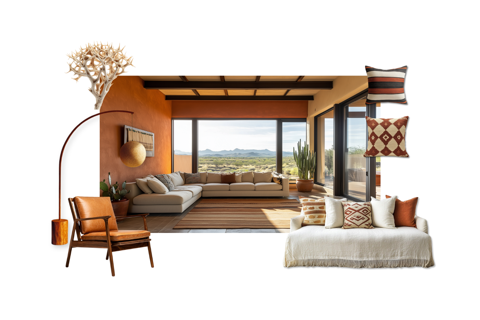 Southwestern Modern interior — adobe, clay, natural textures, artisanal craft