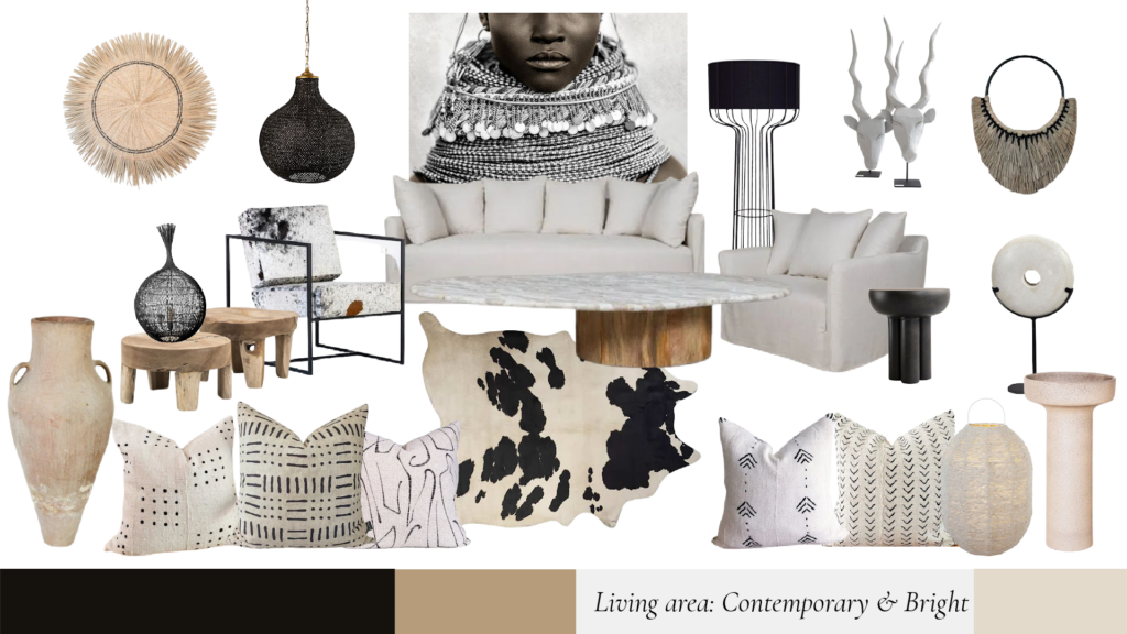 Mood board of contemporary living room decor with a white sofa neutral cushions and black and natural accents