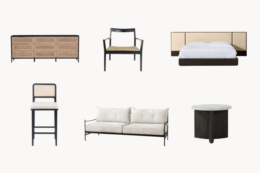 Set of six minimalist furniture pieces woven front dresser caned chair upholstered bed caned counter chair cream sofa and round marble top side table