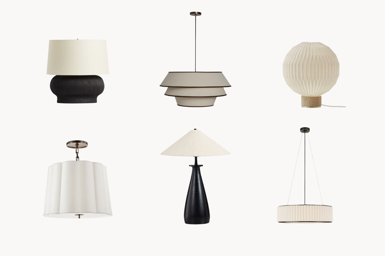 Six modern lamps arranged in a grid: top row left a black rounded-base table lamp with a cream shade; center a stacked-tier hanging pendant; right a round pleated beige lamp with a wood base. Bottom row left a white pleated drum ceiling lamp; center a black cone table lamp with a beige shade; right a circular ribbed pendant with cords.