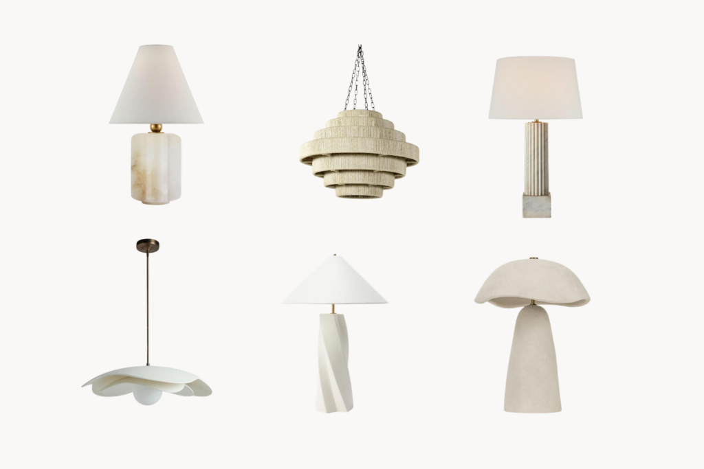 Six decorative lamps arranged in a grid featuring a marble base table lamp a woven chandelier a ribbed column lamp a sculptural pendant a twisted pedestal lamp and a mushroom shaped beige lamp in neutral tones