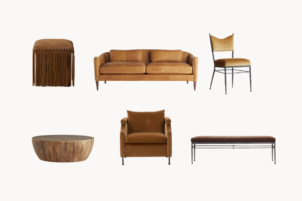 Fringed brown wooden side table on the left with long fringe detail