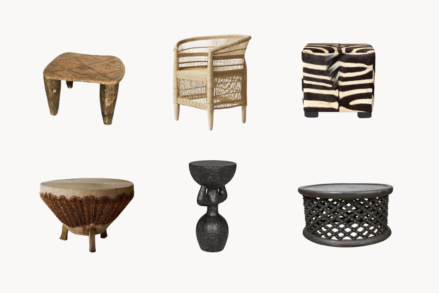 Six furniture pieces on a white background: a wooden stool, a wicker chair, a zebra-print ottoman, a carved drum stool, a dark stone pedestal with a bowl, and a round lattice table.
