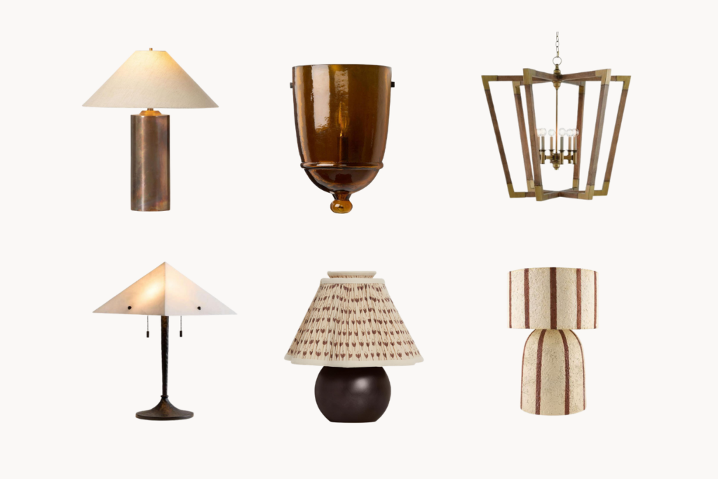 Six different lamps displayed in a grid metal column lamp brown glass goblet lamp geometric brass chandelier triangular shade lamp ceramic base lamp with pleated shade and striped ceramic lamp