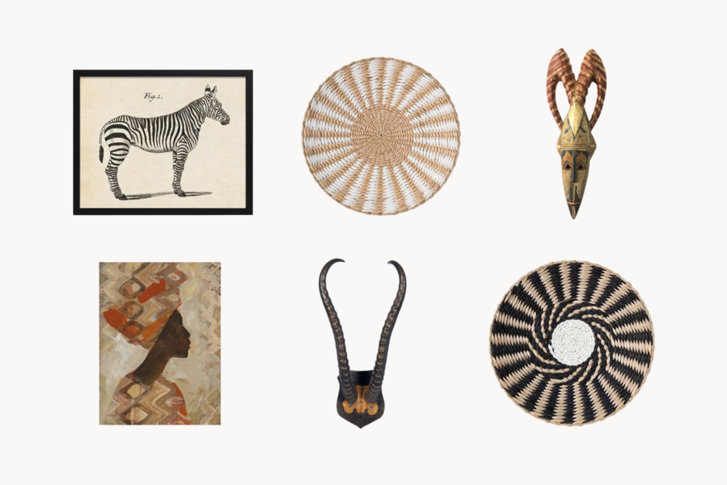 Six decorative objects zebra illustration in a frame round woven basket carved horned mask abstract portrait painting horned skull and spiral basket