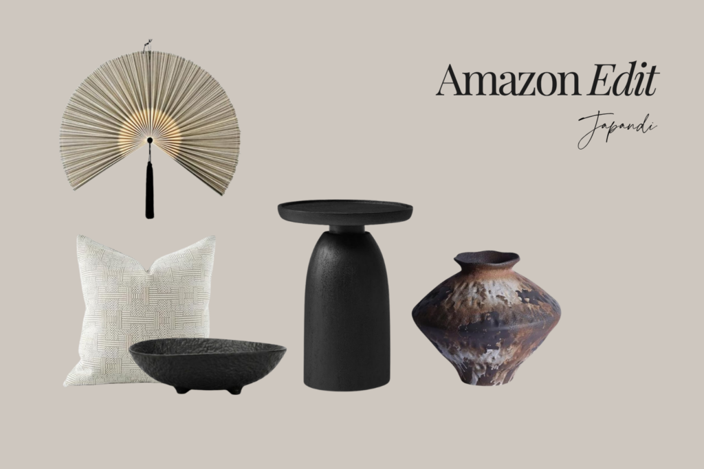 Collage of home decor items on a beige background a large woven hand fan a white geometric pillow a black textured bowl a tall matte black pedestal and a brown marble vase with a wide base with amazon edit japan in script at top right