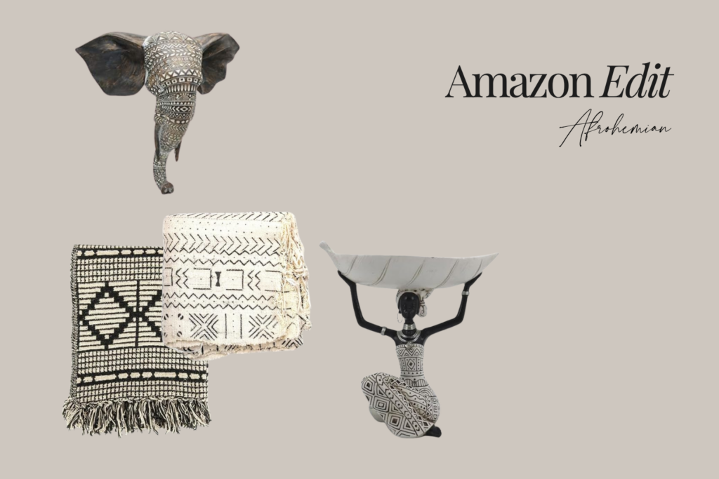 Editorial banner titled amazon edit afrohemian showing a beige background with african inspired decor elephant head patterned blankets and a figure holding a bowl