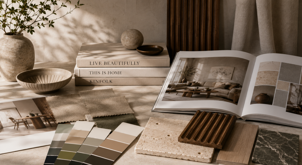Neutral-toned interior design still life with a ceramic vase, bowl, and a stack of design books beside an open magazine showing a living room, plus fabric and color swatches on a beige tabletop.
