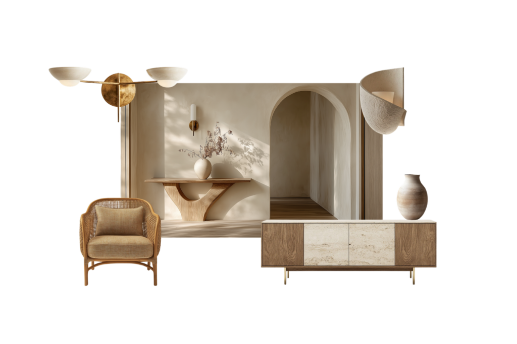 Neutral toned living room collage with a wicker chair wooden sideboard archway and decorative vases in beige and wood hues
