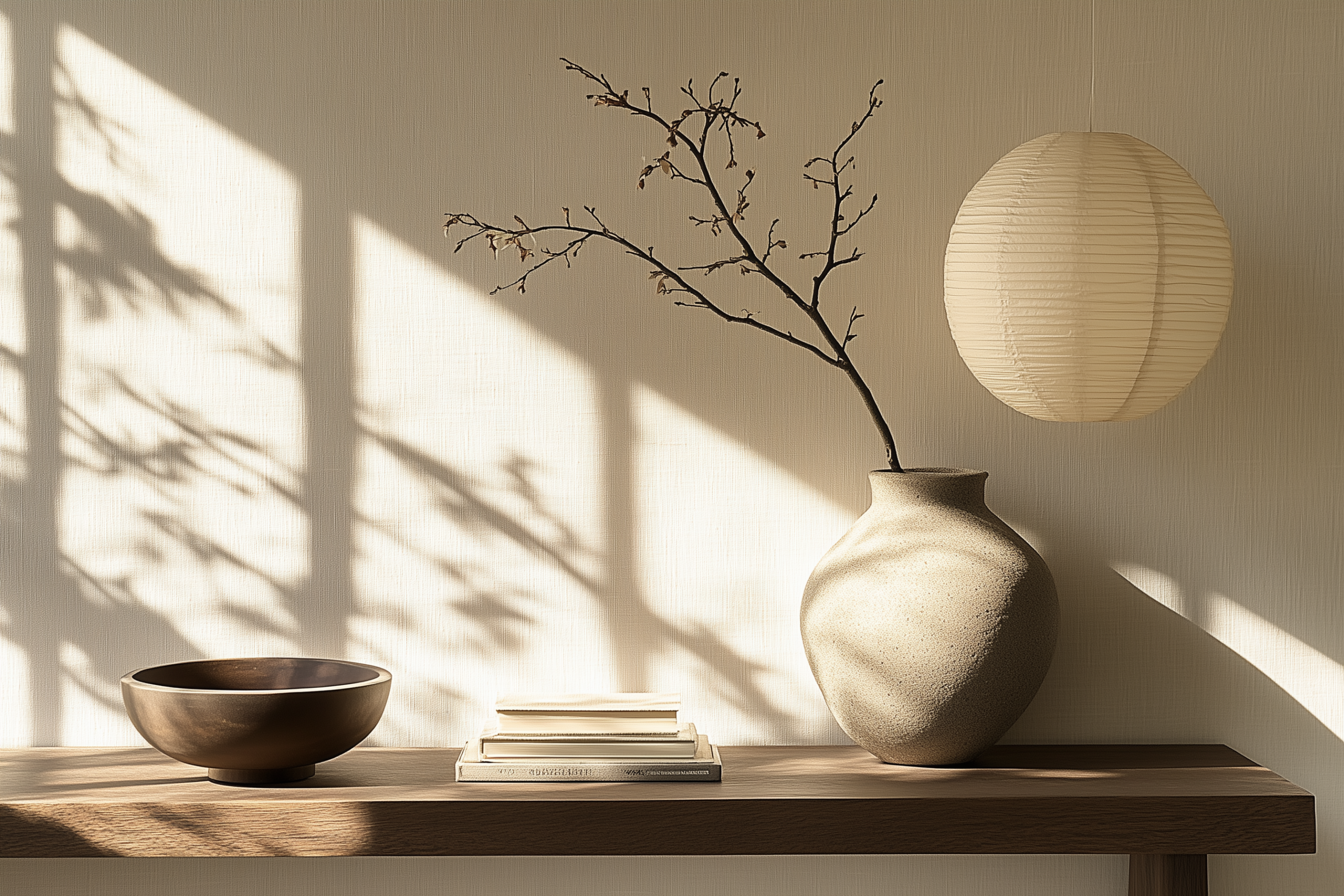 Japandi interior vignette — ceramic vase, paper lantern, wooden shelf